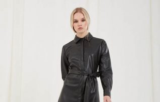 Mizalle / Suni Deri Beli Kemerli Siyah Gömlek Elbise