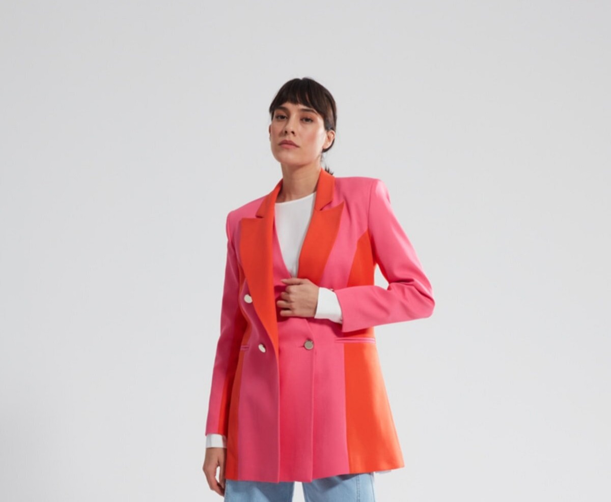 Mizalle / Renk Bloklu Fuşya Blazer Ceket