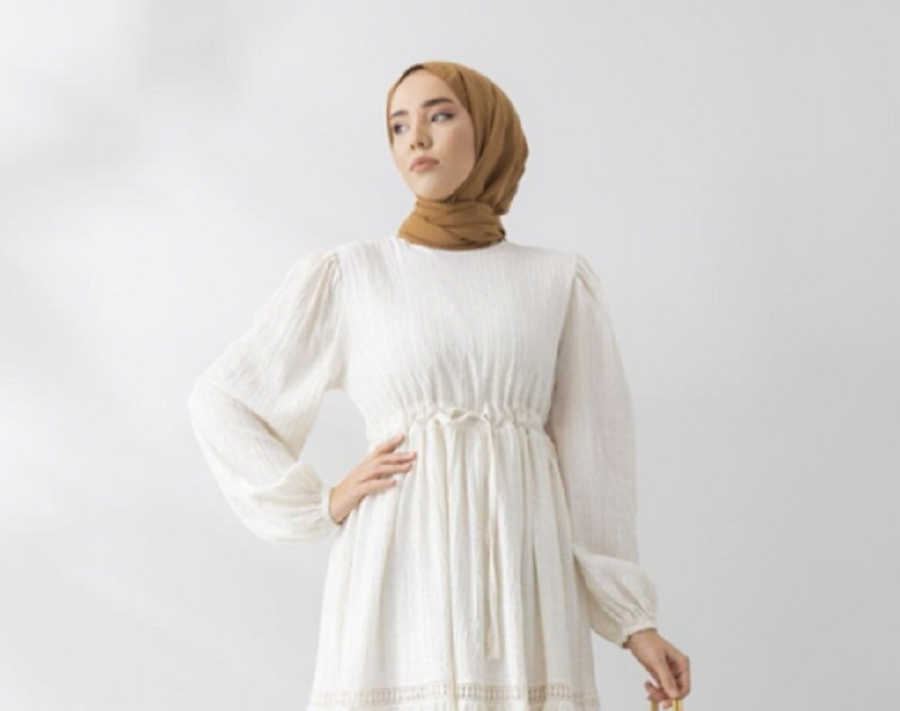 Meri Store / Belden Bağcıklı Dantel İşlemeli Beyaz Elbise