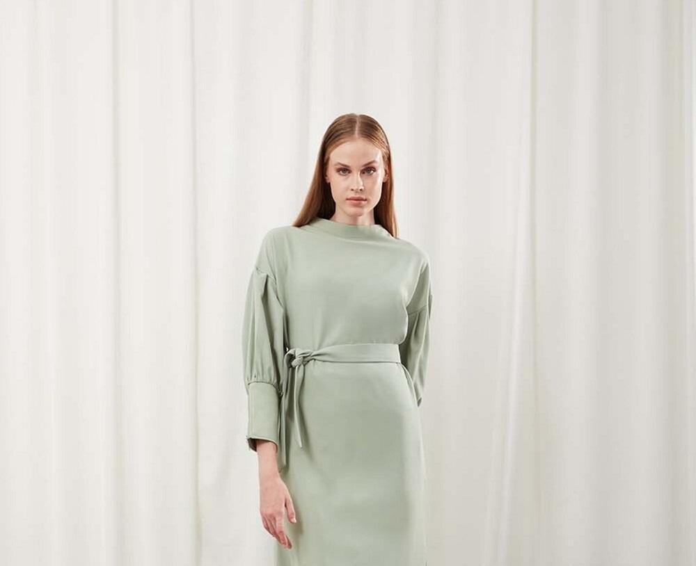Mizalle / Kolu Fermuar Detaylı Mint Elbise